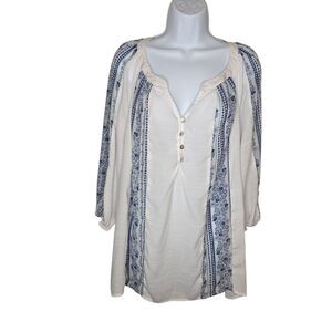 SARA MICHELLE Boho Embroidered Slub Henley Top White Blue Plus Size 2X